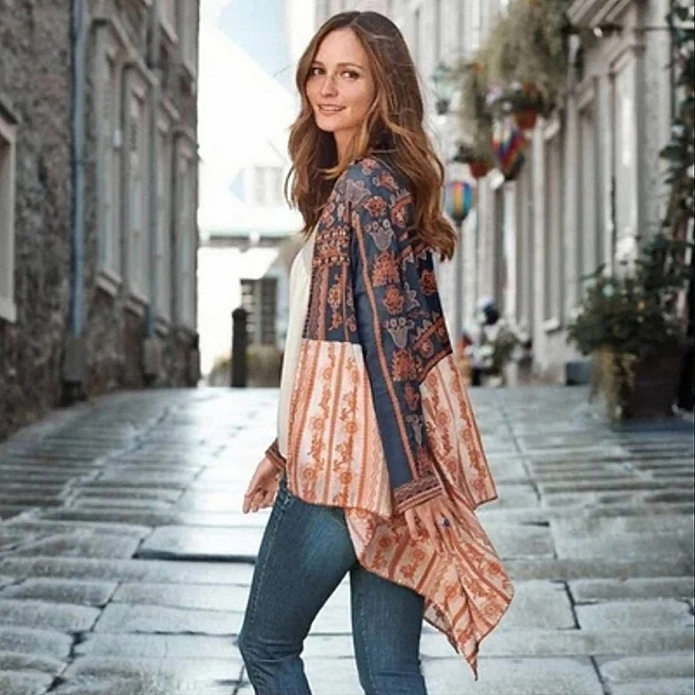 COPY - Sundance Boho Embroidered Province Kimono Cardigan Blue Peach Cream Large